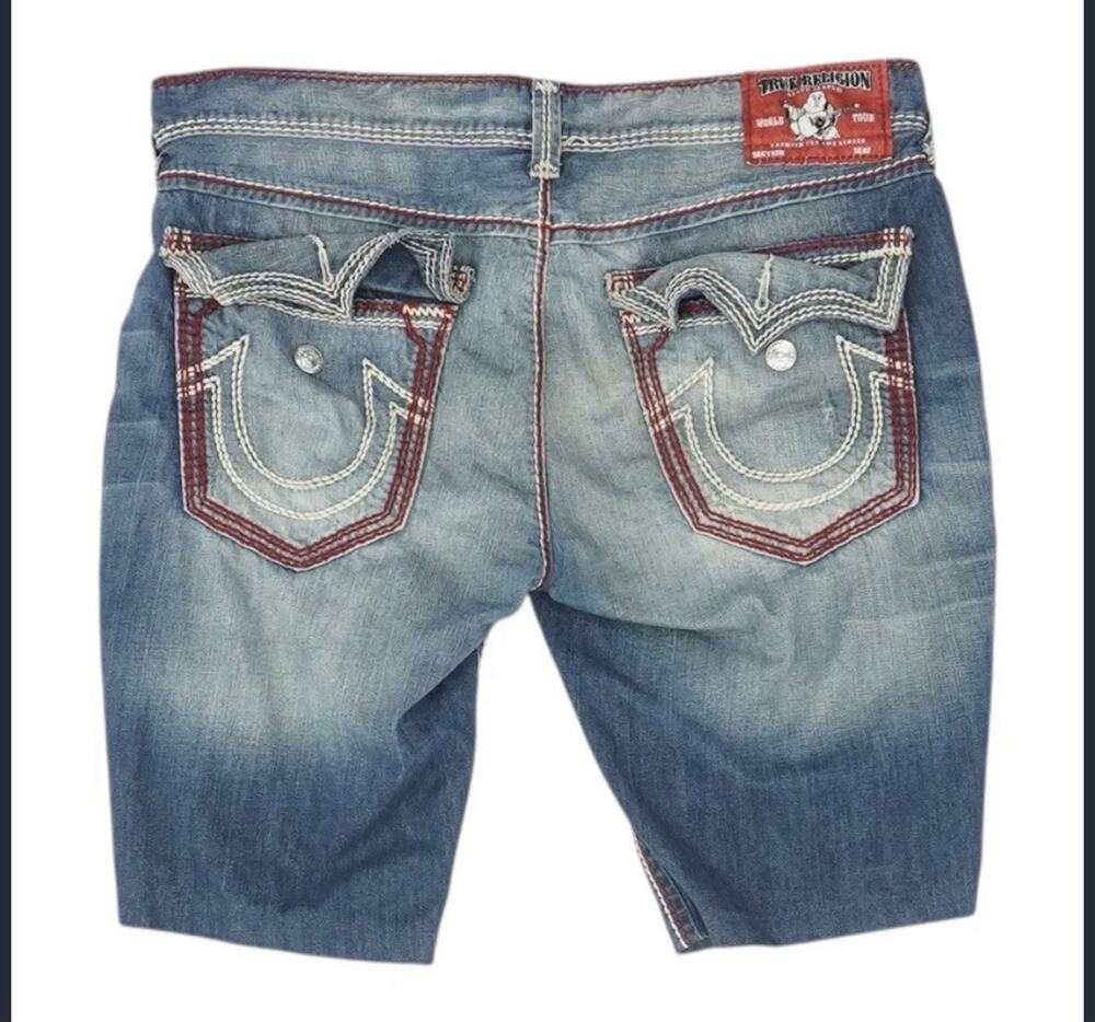 True Religion Cut Off Bermuda Denim Shorts Mens 38 Blue Red Horseshoe